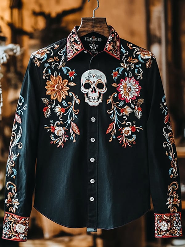 Men's Outdoor Vintage Skull and Floral Print Long Sleeve Shirt