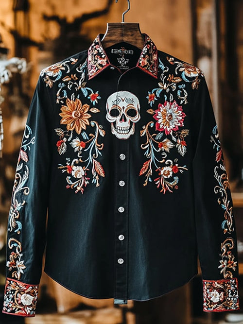 Men's Outdoor Vintage Skull and Floral Print Long Sleeve Shirt