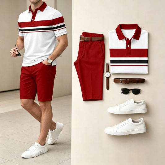 Men's Casual Red and white Color Splicing Stripes Polo Shirt & Shorts Two-Piece Set
