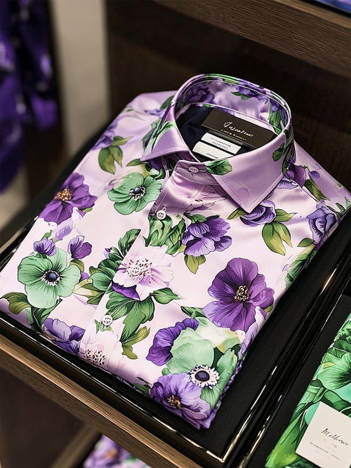 Men's Satin Luxe Hawaiian Print Short Sleeve Button Shirt