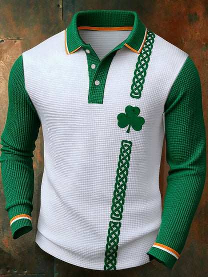 Men's casual retro St. Patrick's Day waffle knit polo shirt