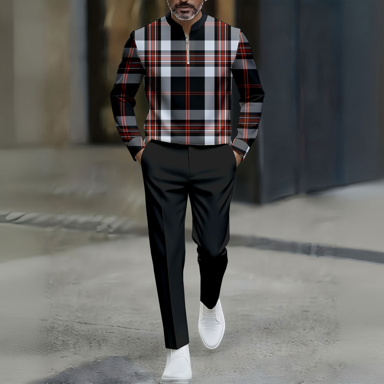 Men's Casual Red&Black Color Matching Checked Printed Round-Neck Zipper Long Sleeved Trousers Two-Piece Set