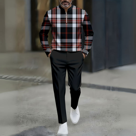 Men's Casual Red&Black Color Matching Checked Printed Round-Neck Zipper Long Sleeved Trousers Two-Piece Set