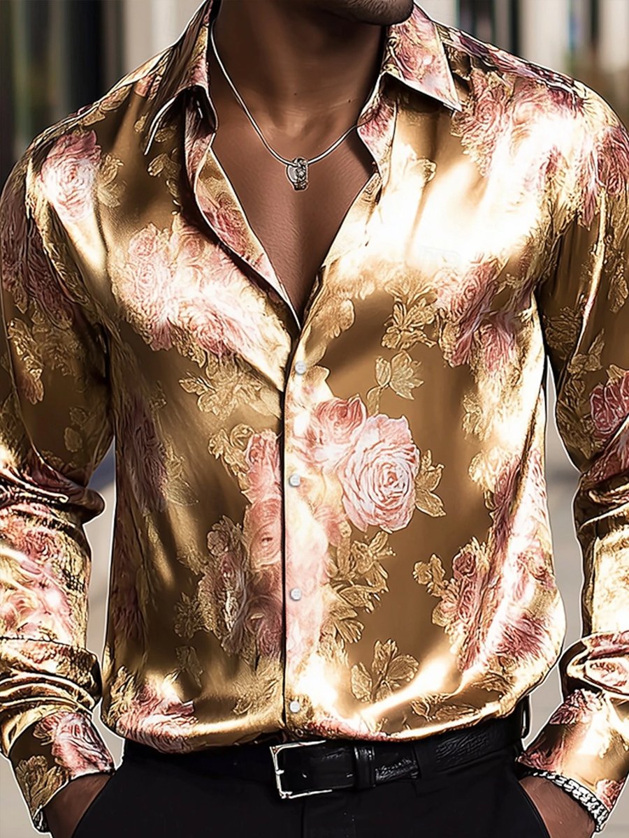 Men's Luxury Printed Rose Long-Sleeve Shirt