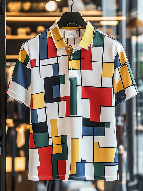 Men's Vintage Casual Bauhaus Geometric Art Button Short Sleeve Polo Shirt