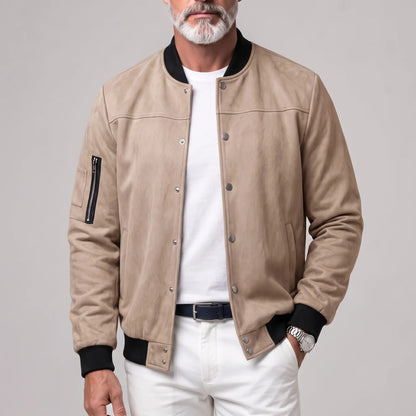 Men's Suede Stand Collar Zipper Pocket Snap Button Casual Bomber Jacket