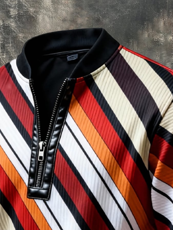 Men's Vintage Color-Block Printed Zip-Up Hoodie