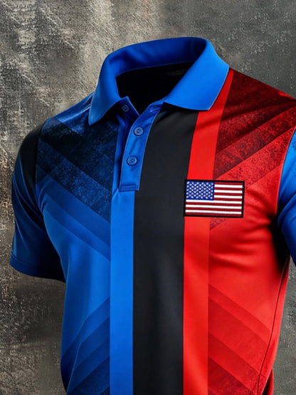 Men's Retro Patriot Color Block Polo Collar Short Sleeve