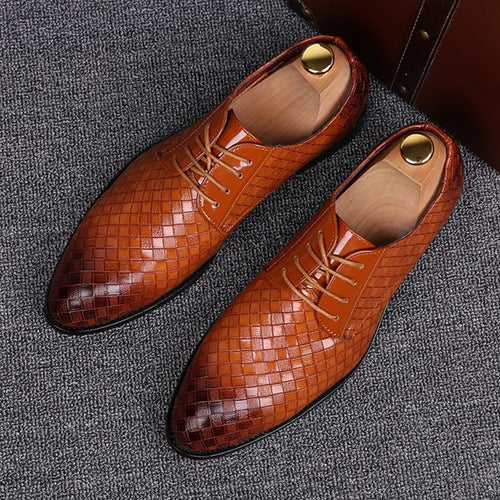 Men's Business Casual Pointed Toe Patchwork Plaid Faux Leather Shoes