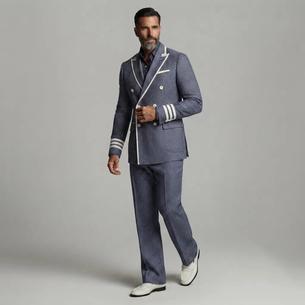 Men's Formal Navy Blue Pinstripe Print Contrast Piping Peak Lapel Double-Breasted Blazer & Pants 2Pcs Suit