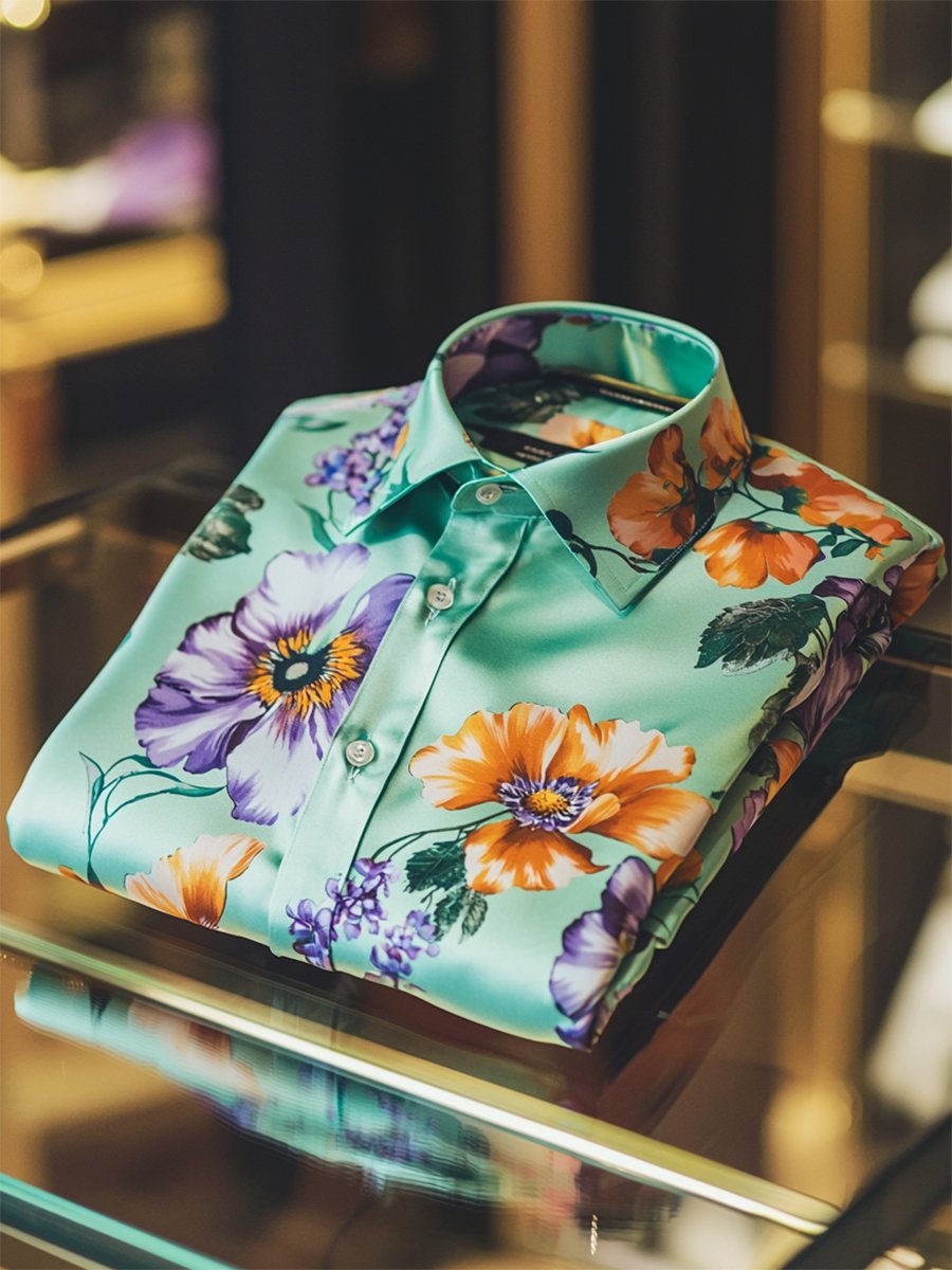 Men's Satin Luxe Hawaiian Print Short Sleeve Button Shirt