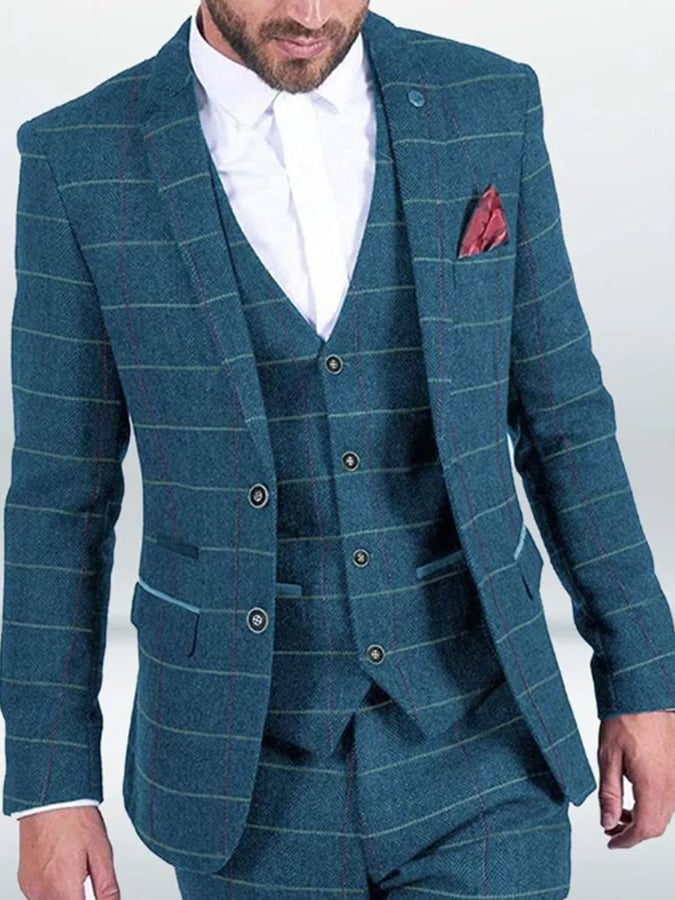 Men's Business Single-Breasted Plaid Contrast Color Suit Three-Piece Suit