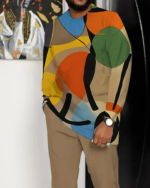 Men's Retro Abstract Art Pattern Walking Suit Long Sleeve Suit