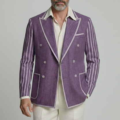 Men's Business Casual Purple Contrast Binding Peak Lapel Double Breasted Striped Long Sleeve Blazer