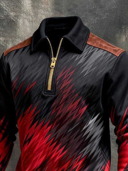 Men's Retro Color Block Print Color-Blocked Zip-Up Sweatshirt