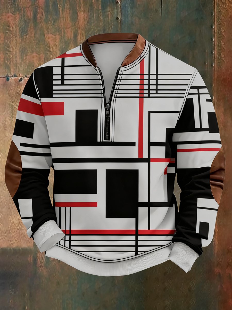 Men's Retro Bauhaus Geometric Style Print Quarter Zip Sweatshirt