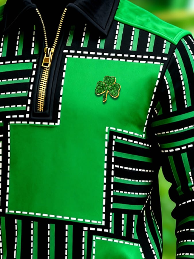 (Detachable Shamrock Brooch Included) Men's St. Patrick's Day Printed Color-Block Zip-Up Hoodie