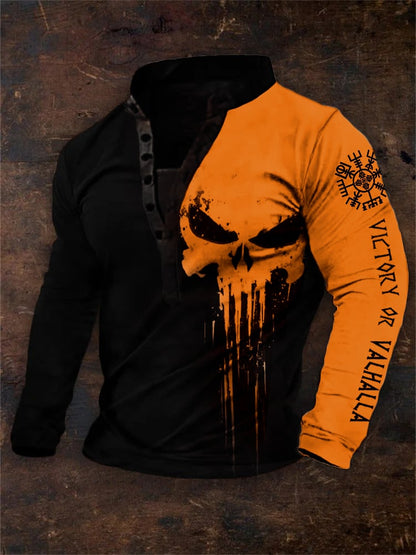 Men's Vintage Victory Or Valhalla Vegvisir Skull Contrast Print Henley Collar Sweatshirt
