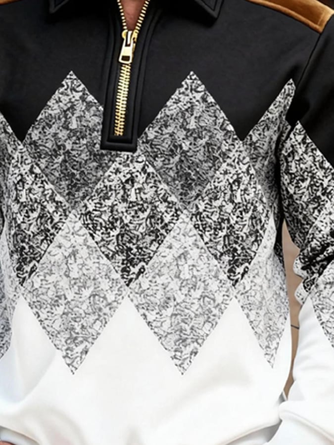 Men's Retro Color Block Print Zipper Sweatshirt