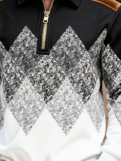 Men's Retro Color Block Print Zipper Sweatshirt