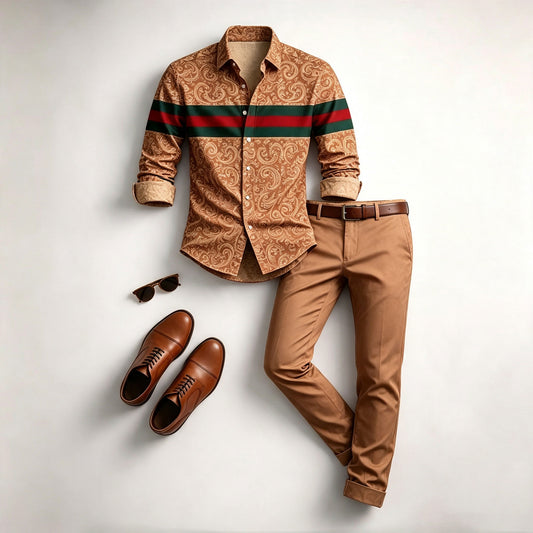 Men's Brown Printed Long-Sleeve Shirt and Pants Set