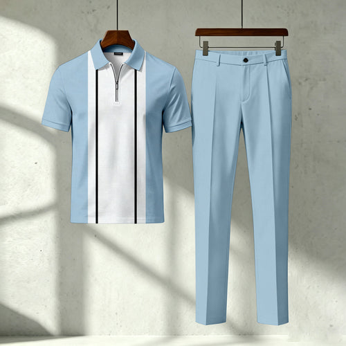 Men's Casual Blue & White Printed Polo Short-Sleeve T-Shirt And Pants Two-Piece Set