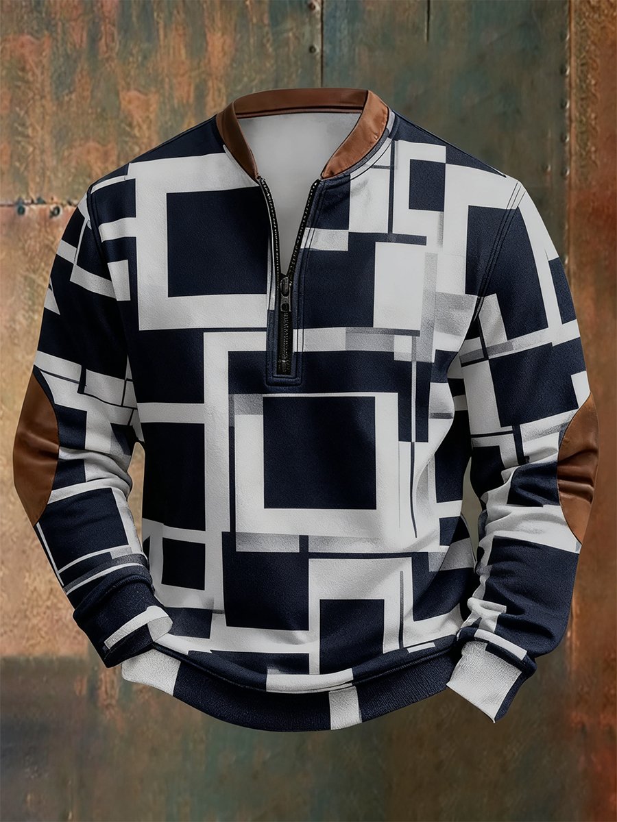 Men's Retro Bauhaus Geometric Style Print Quarter Zip Sweatshirt
