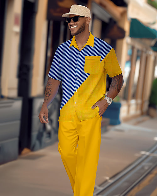Men's retro colorblock short-sleeved shirt walking Suit 1681