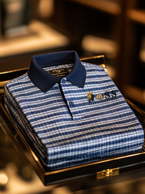 Men's Retro Letter Design Business Contrast Stripe Lapel Short-Sleeved Polo Shirt