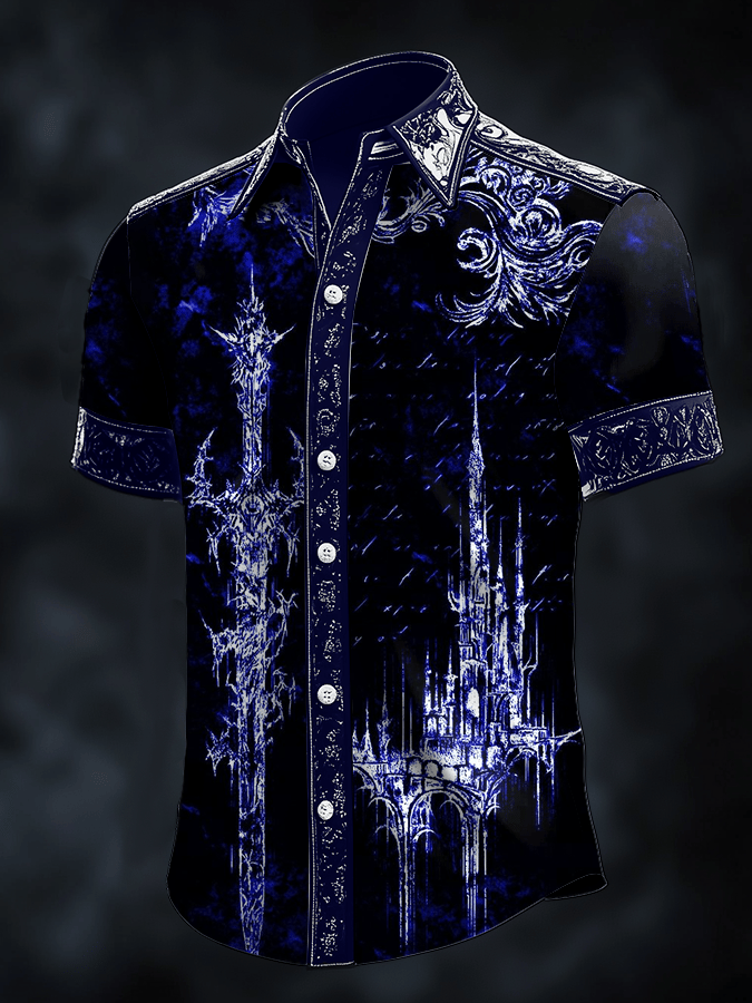 Men's Dark Skull Print Satin Short Sleeve Shirt