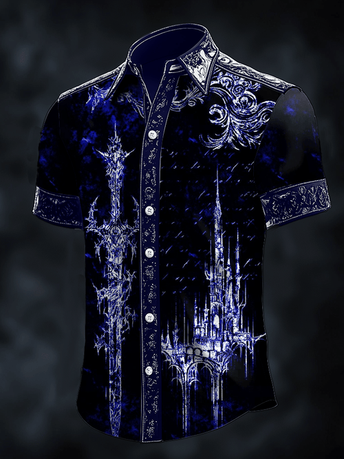 Men's Dark Skull Print Satin Short Sleeve Shirt