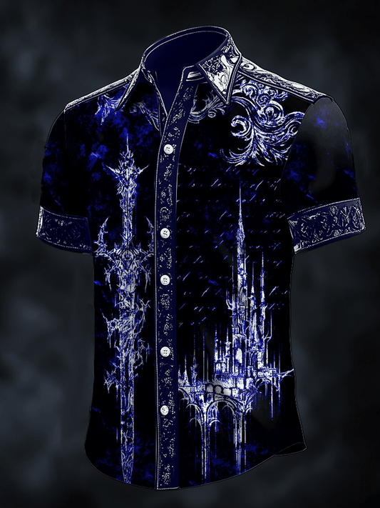 Men's Dark Skull Print Satin Short Sleeve Shirt