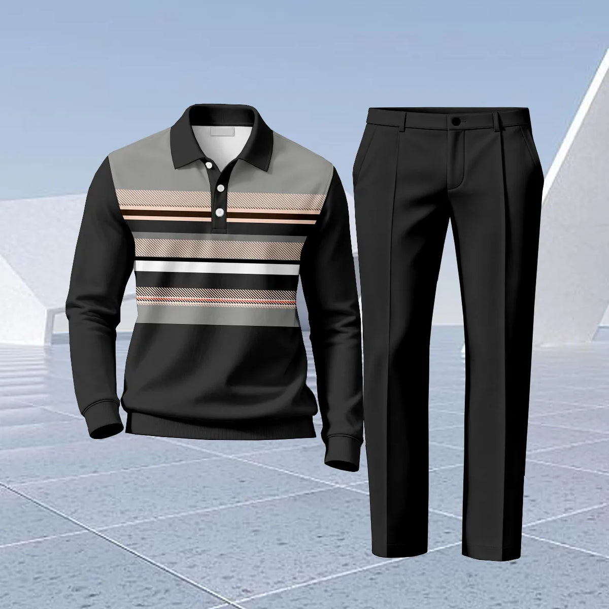Men's Striped Printed Polo Shirt and Pants Set