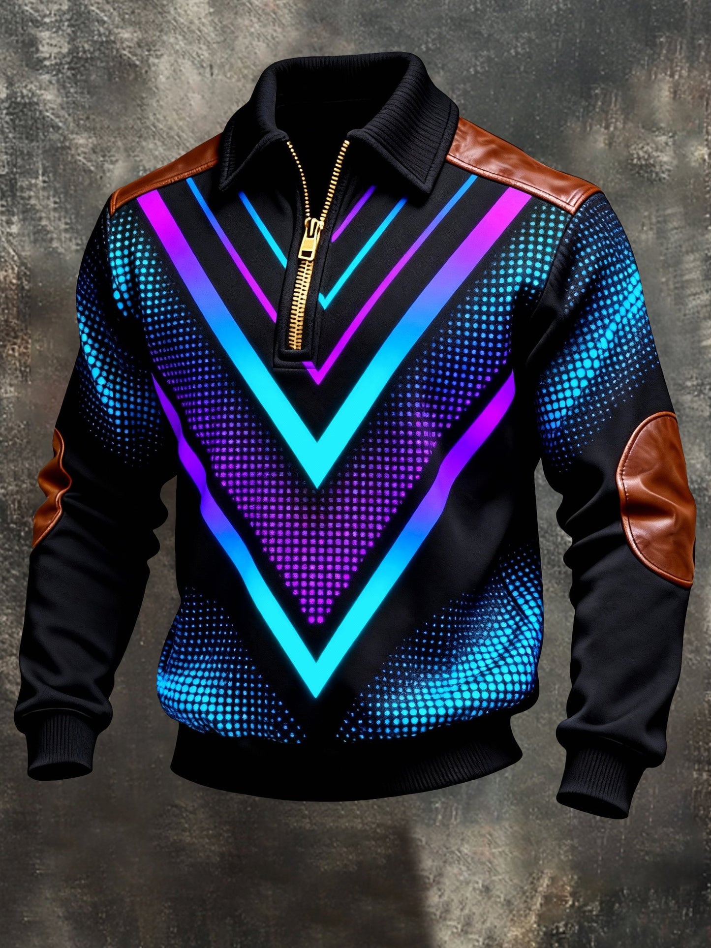 Men's Vintage Color-Block Printed Zip-Up Hoodie