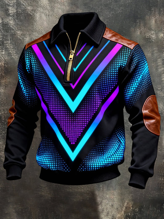 Men's Vintage Color-Block Printed Zip-Up Hoodie