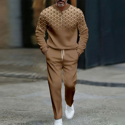 Men's Casual Color Matching Printed Round-Neck Zipper Long Sleeved Trousers Two-Piece Set