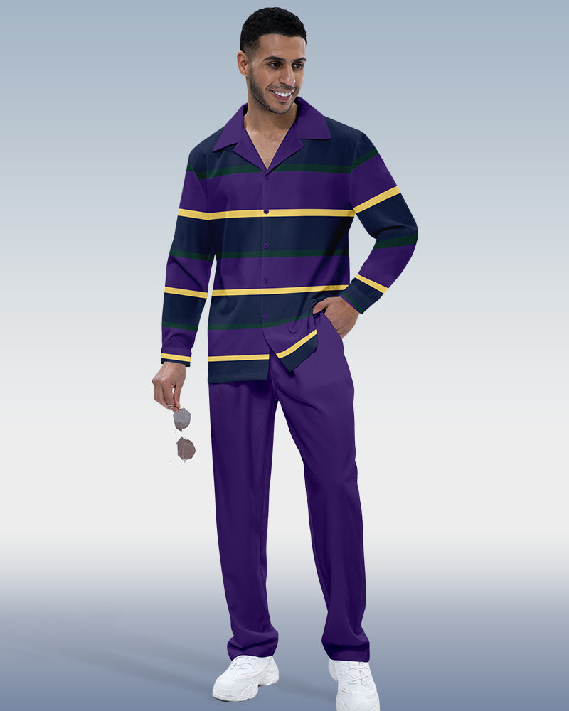 Men's Purple Stripe Printed Long Sleeve Shirt Walking Suit 421