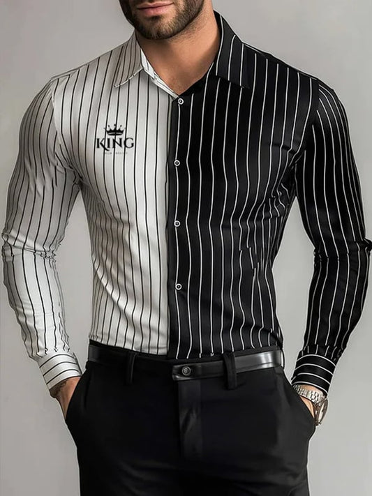 Mens Street Style Business Casual Striped Logo Long Sleeve Shirt