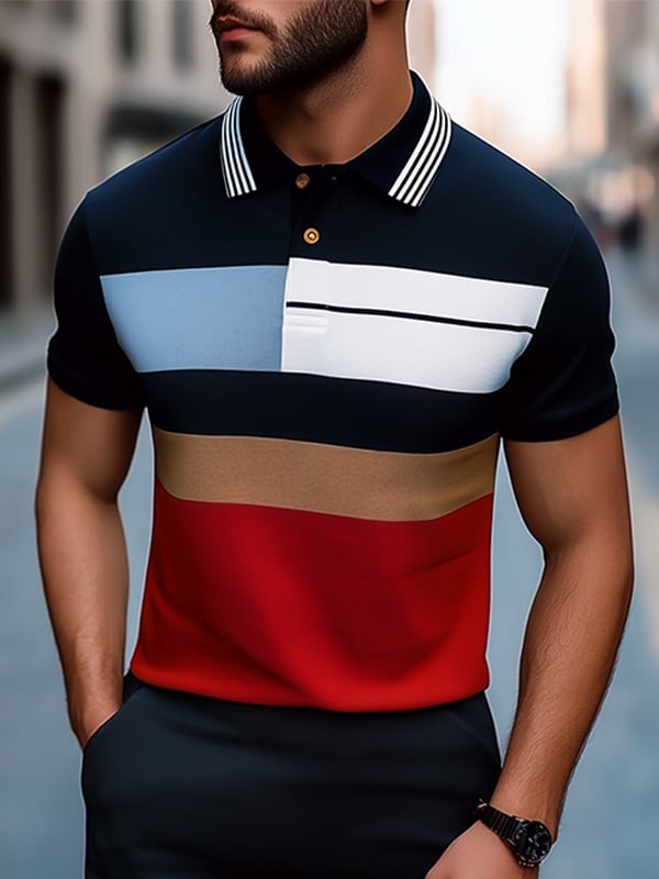 Men's Business Stripe Logo Button-Down Short Sleeve Polo Shirt
