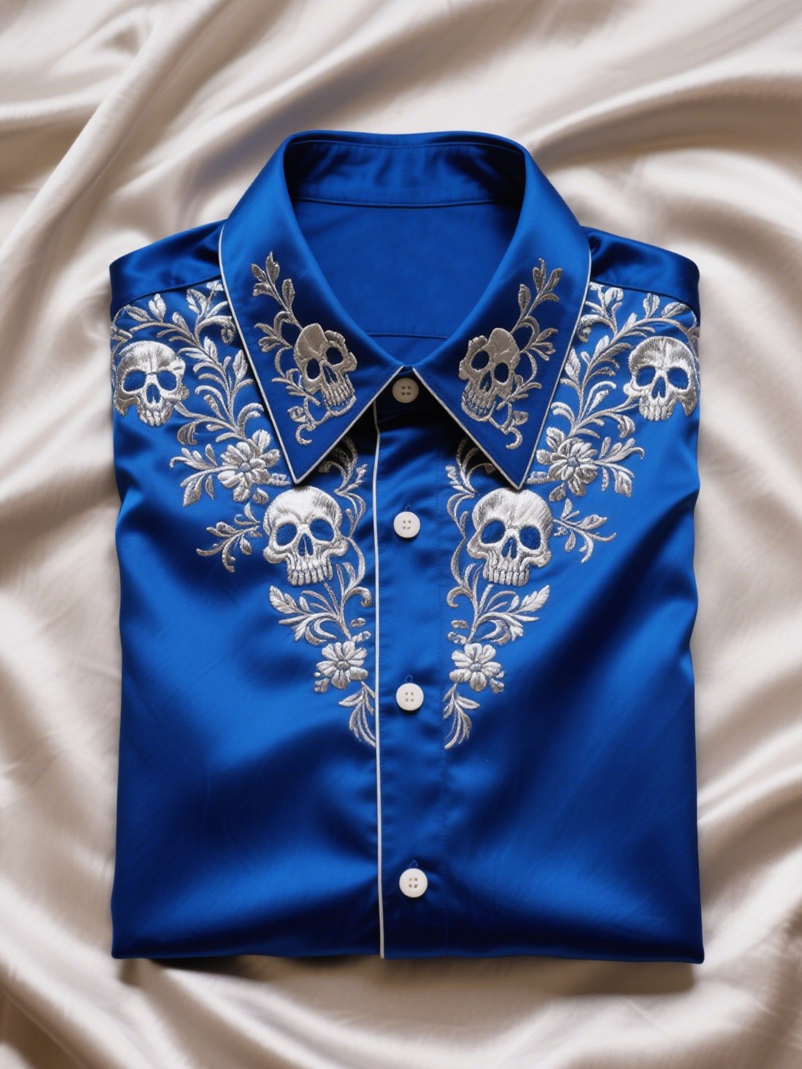 Men's Satin Luxury Business Skull Short Sleeve Button Shirt