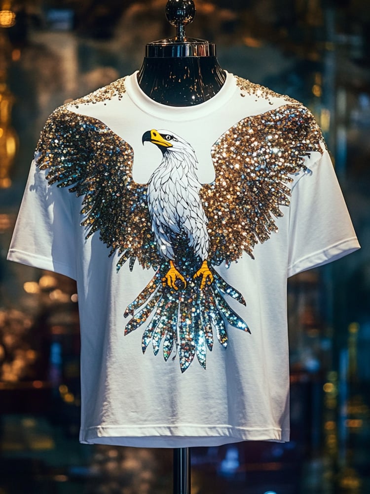 Men's Eagle Sequin Business Print Short Sleeve T-Shirt