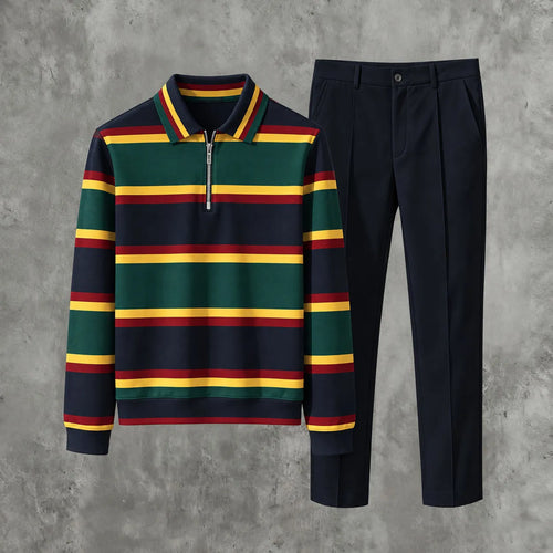 Men's Printed Zipper Polo Shirt and Pants Set