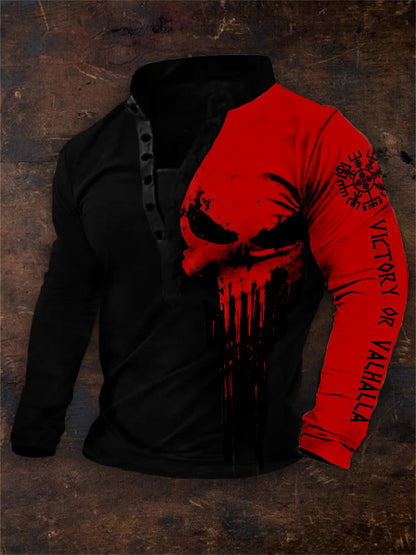 Men's Vintage Victory Or Valhalla Vegvisir Skull Contrast Print Henley Collar Sweatshirt