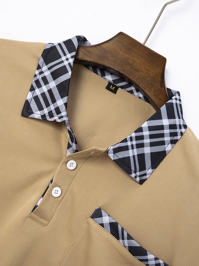 Men's retro plaid stitching fashion casual polo shirt (with pockets)