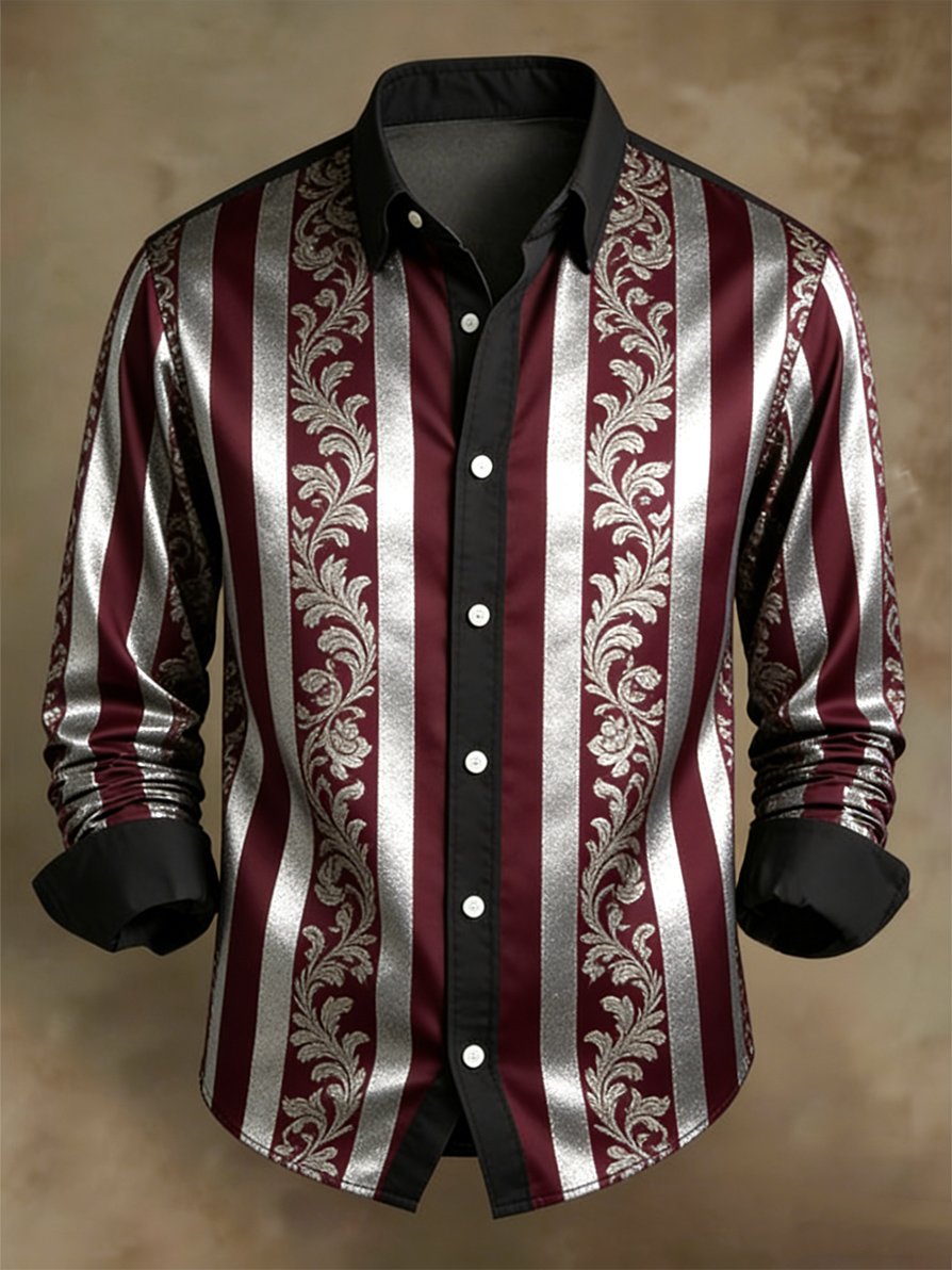 Men's Retro Business Color Block Striped Pattern Long-Sleeve Shirt