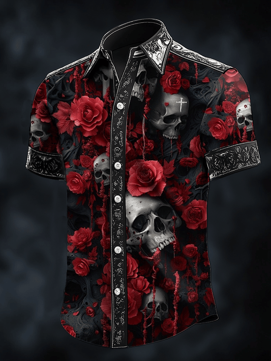 Men's Dark Skull Print Satin Short Sleeve Shirt