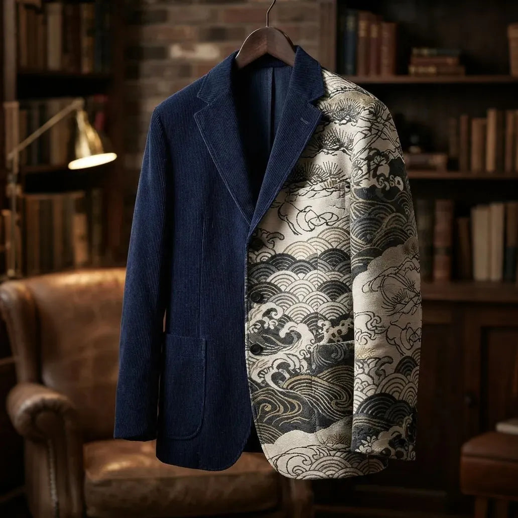 Men's Color-blocked Ukiyo-e Wave Pattern Patchwork Print Suit Jacket