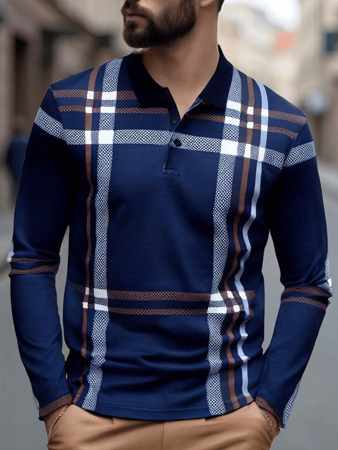 Men's Plaid Business Casual Long Sleeve Polo Shirt