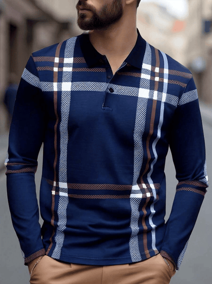 Men's Plaid Business Casual Long Sleeve Polo Shirt