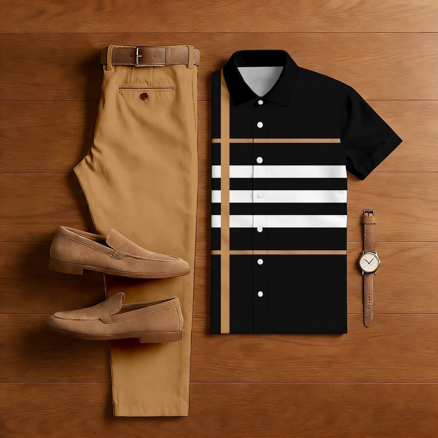Men's Casual Tan & Black Color Matching Striped Print Short-Sleeve Shirt & Trousers Two-Piece Set